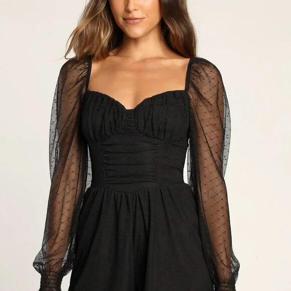 Flirty Fashionista Black Mesh Bustier Long Sleeve Romper Size LARGE (L) - Picture 1 of 6